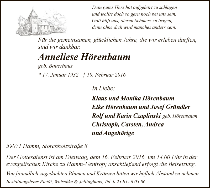  Traueranzeige für Anneliese Hörenbaum vom 13.02.2016 aus MZV