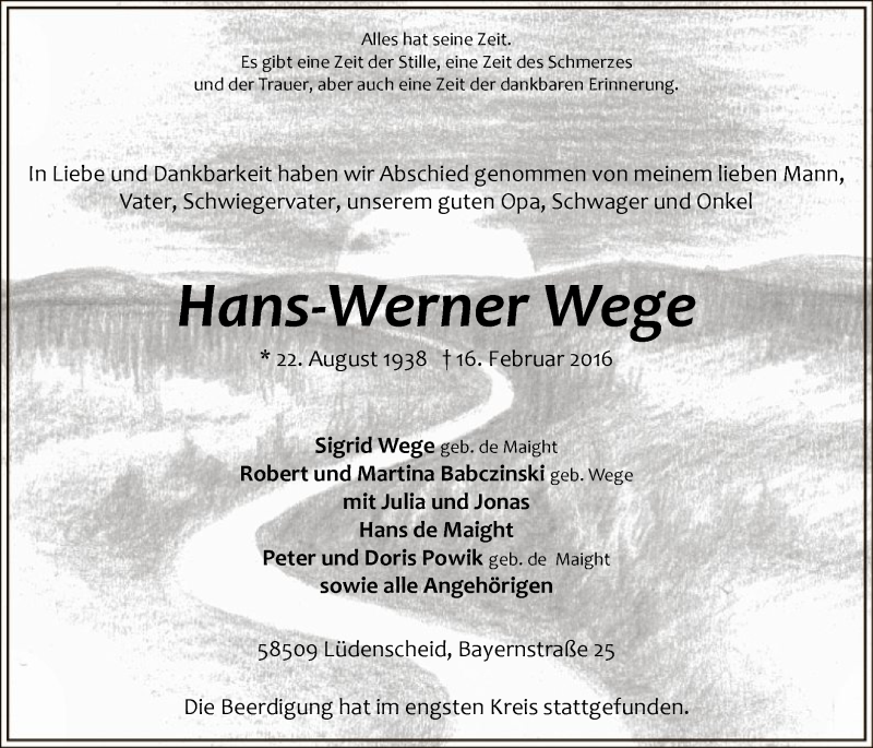 Traueranzeige für Hans-Werner Wege vom 23.02.2016 aus MZV