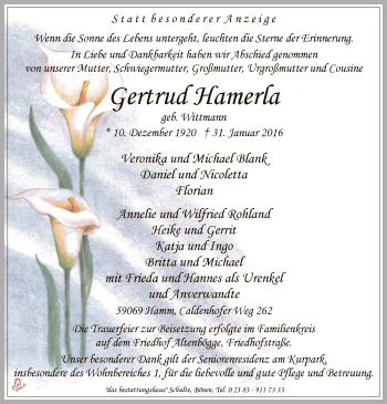 Traueranzeige von Gertrud Hamerla von MZV