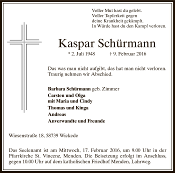 Traueranzeige von Kaspar Schürmann von MZV
