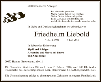 Traueranzeige von Friedhelm Liebold von MZV