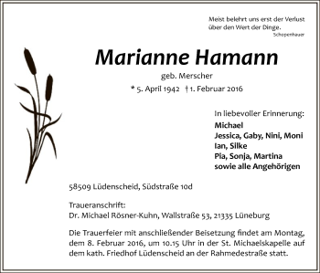 Traueranzeige von Marianne Hamann von MZV