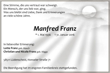 Traueranzeige von Manfred Franz von MZV