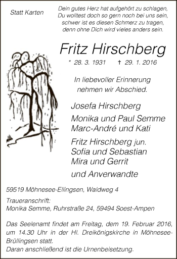Traueranzeige von Fritz Hirschberg von MZV