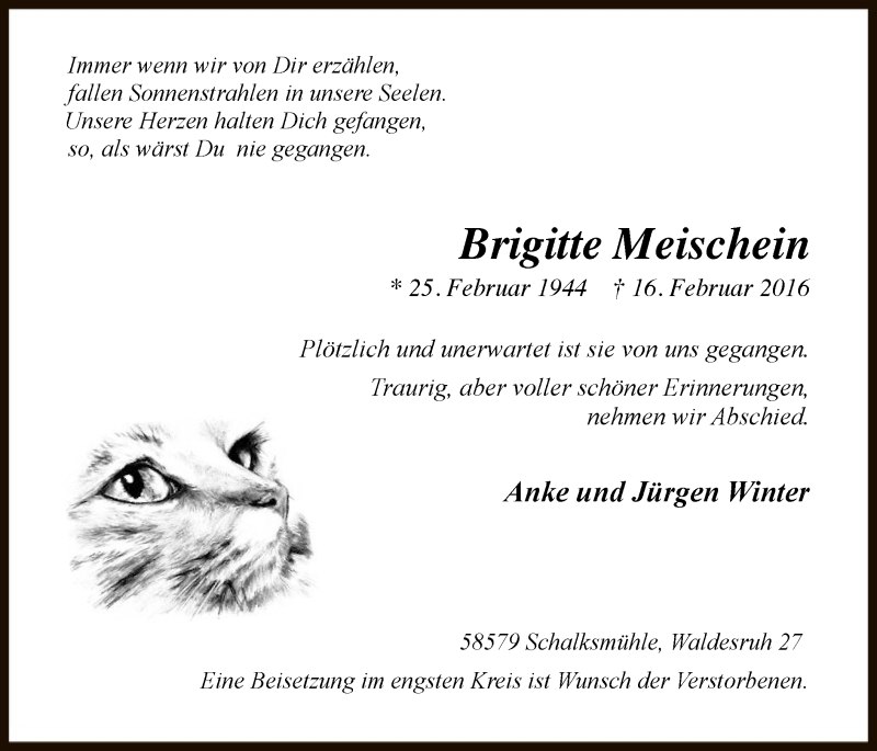  Traueranzeige für Brigitte Meischein vom 22.02.2016 aus MZV