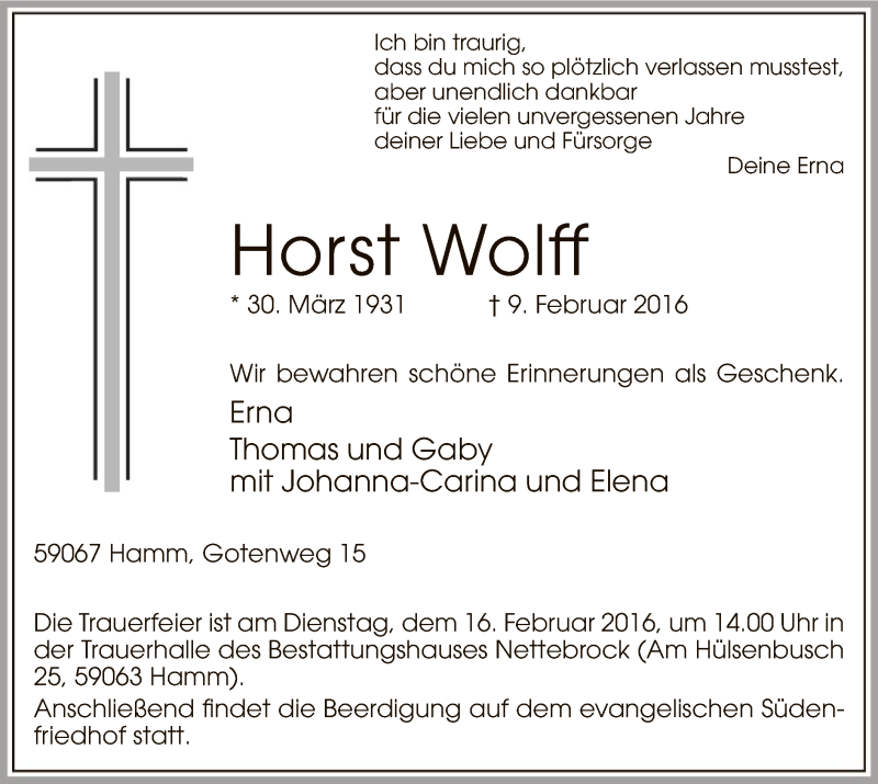  Traueranzeige für Horst Wolff vom 13.02.2016 aus MZV