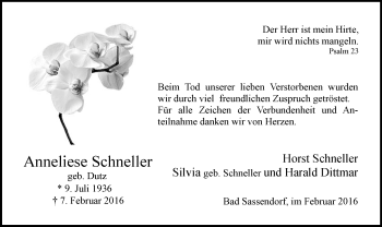 Traueranzeige von Anneliese Schneller von MZV