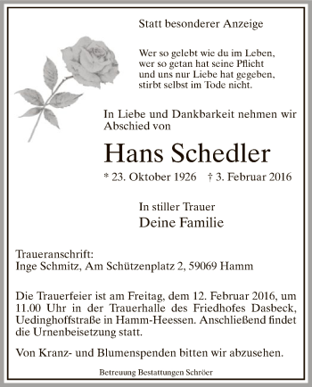 Traueranzeige von Hans Schedler von MZV