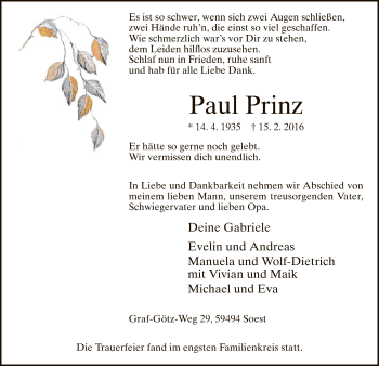 Traueranzeige von Paul Prinz von MZV