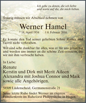 Traueranzeige von Werner Hamel von MZV