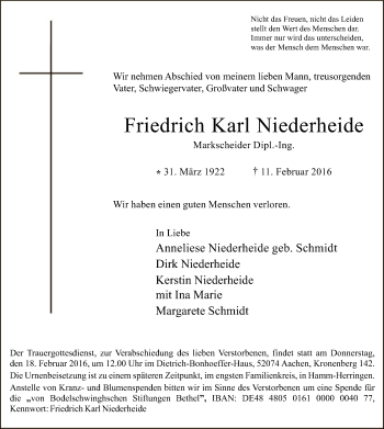 Traueranzeige von Friedrich Karl Niederheide von MZV