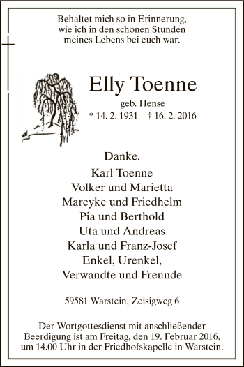 Traueranzeige von Elly Toenne von MZV