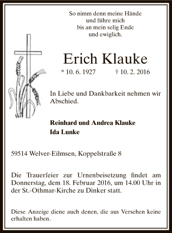 Traueranzeige von Erich Klauke von MZV