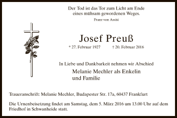 Traueranzeige von Josef Preuß von MZV
