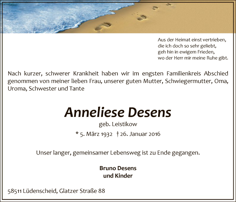  Traueranzeige für Anneliese Desens vom 03.02.2016 aus MZV