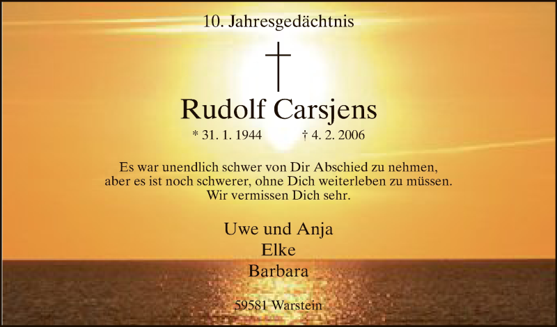  Traueranzeige für Rudolf Carsjens vom 04.02.2016 aus MZV