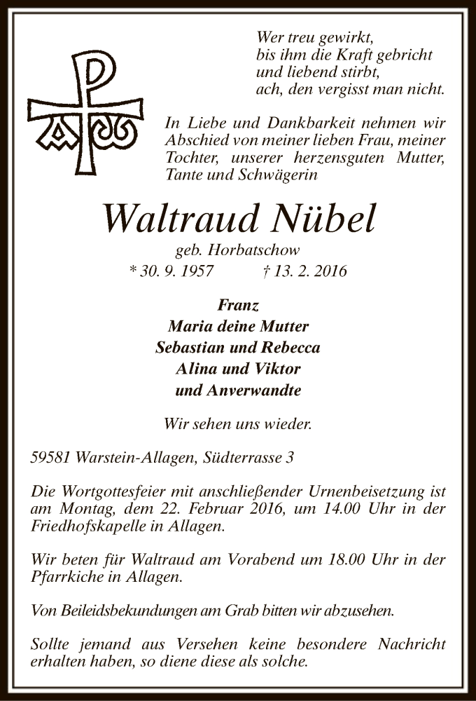  Traueranzeige für Waltraud Nübel vom 16.02.2016 aus MZV