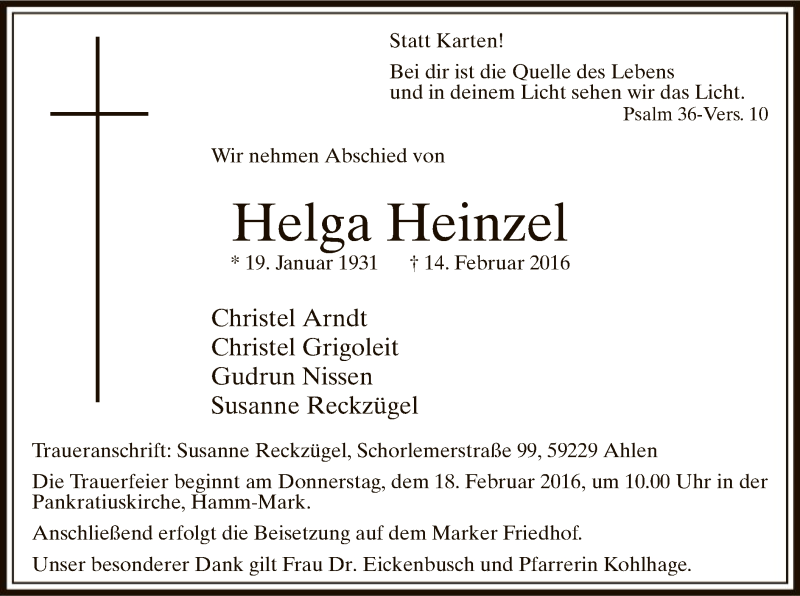  Traueranzeige für Helga Heinzel vom 18.02.2016 aus MZV