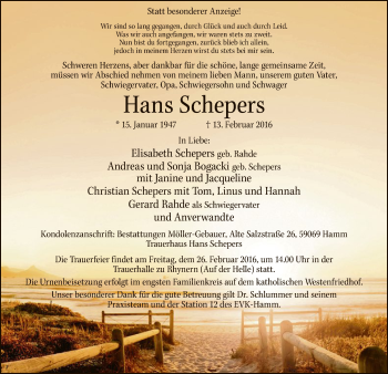 Traueranzeige von Hans Schepers von MZV
