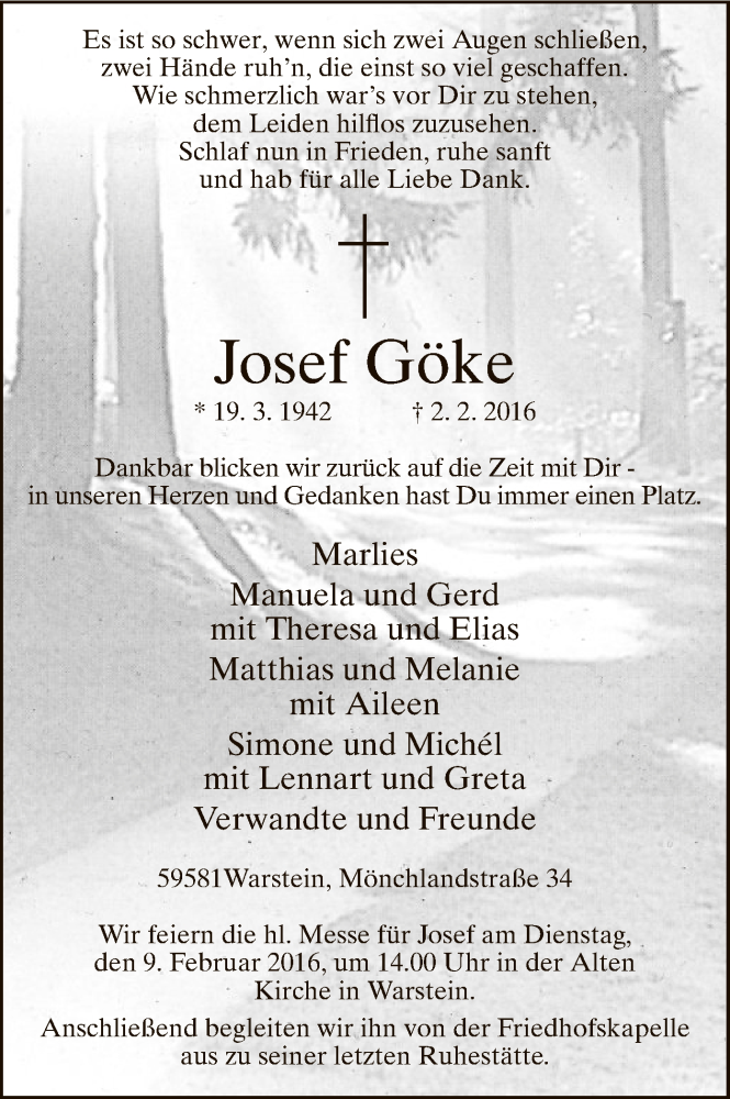  Traueranzeige für Josef Göke vom 03.02.2016 aus MZV