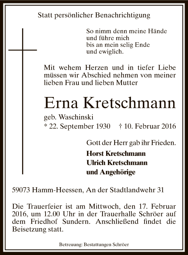  Traueranzeige für Erna Kretschmann vom 15.02.2016 aus MZV