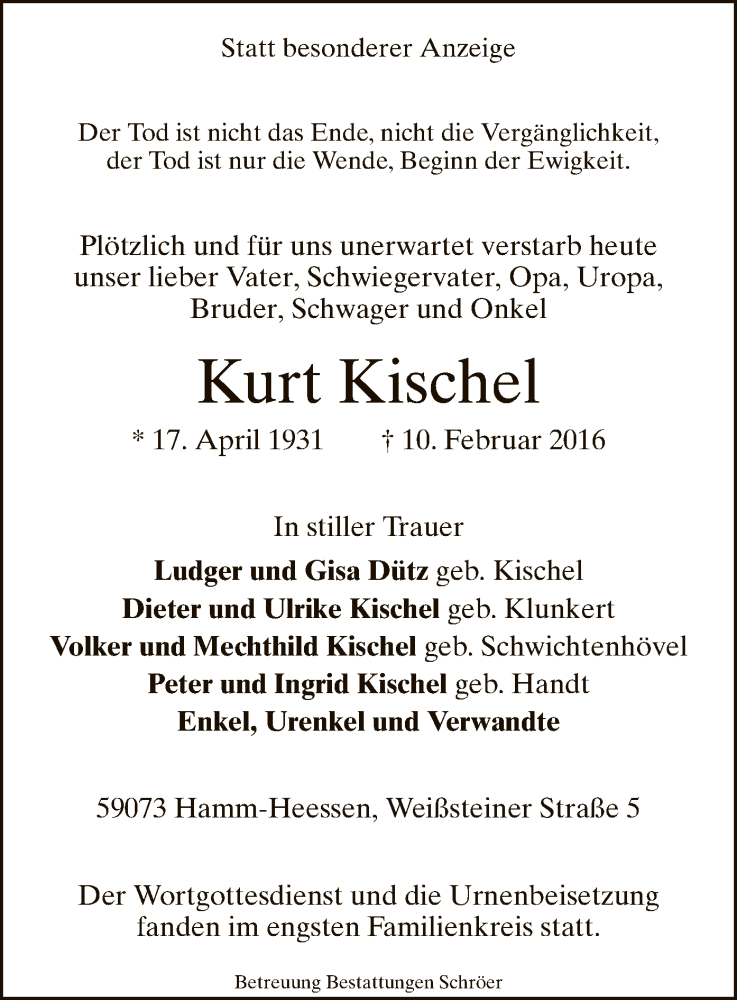  Traueranzeige für Kurt Kischel vom 17.02.2016 aus MZV
