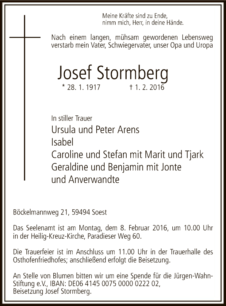  Traueranzeige für Josef Stormberg vom 03.02.2016 aus MZV