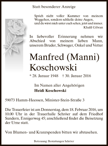Traueranzeige von Manfred Koschowski von MZV