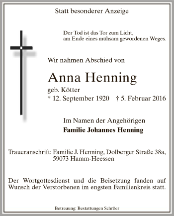 Traueranzeige von Anna Henning von MZV