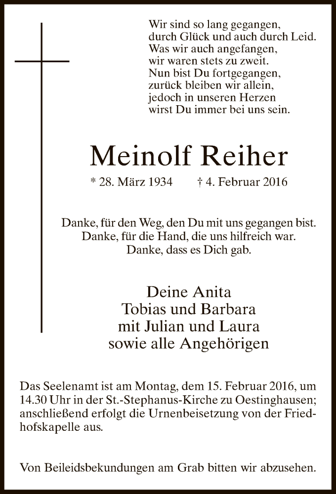  Traueranzeige für Meinolf Reiher vom 09.02.2016 aus MZV