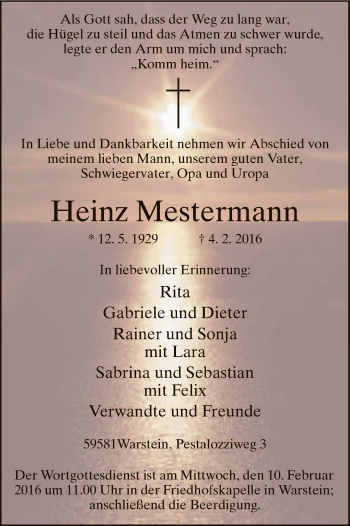 Traueranzeige von Heinz Mestermann von MZV