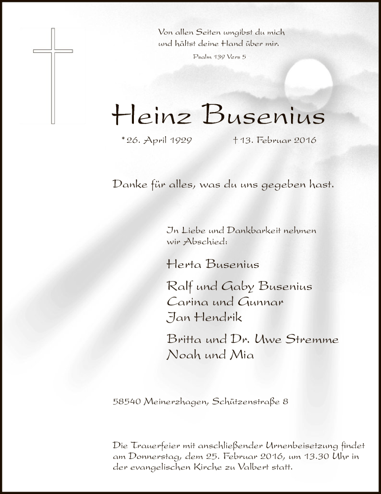  Traueranzeige für Heinz Busenius vom 18.02.2016 aus MZV