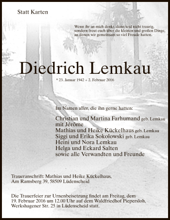 Traueranzeige von Diedrich Lemkau von MZV