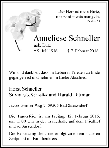 Traueranzeige von Anneliese Schneller von MZV