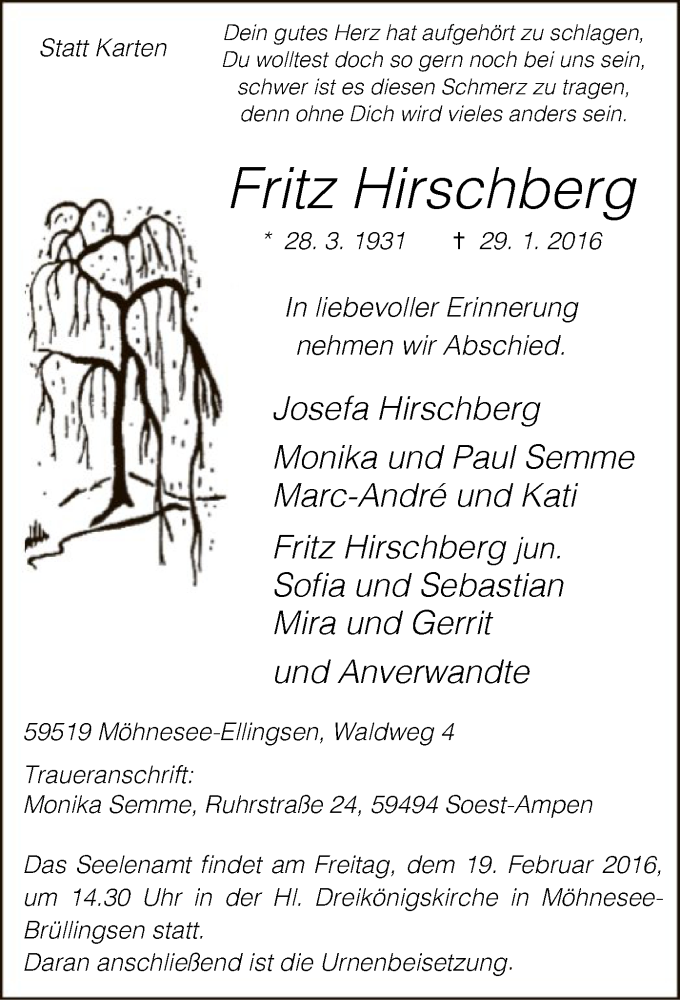  Traueranzeige für Fritz Hirschberg vom 13.02.2016 aus MZV