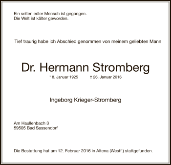 Traueranzeige von Hermann Stromberg von MZV