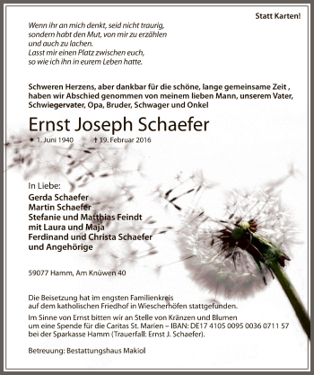 Traueranzeige von Ernst Joseph Schaefer von MZV