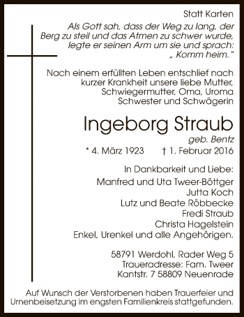 Traueranzeige von Ingeborg Straub von MZV