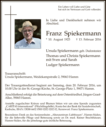 Traueranzeige von Franz Spiekermann von MZV