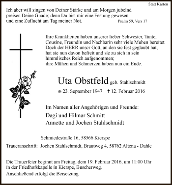 Traueranzeige von Uta Obstfeld von MZV