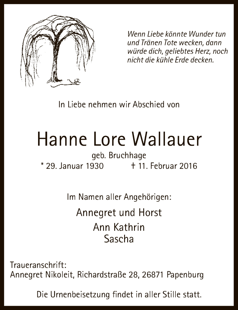  Traueranzeige für Hanne Lore Wallauer vom 17.02.2016 aus MZV