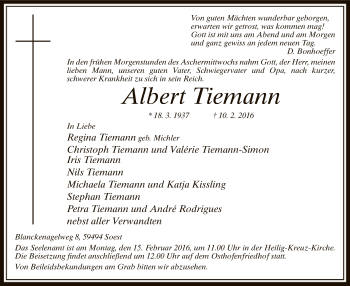 Traueranzeige von Albert Tiemann von MZV