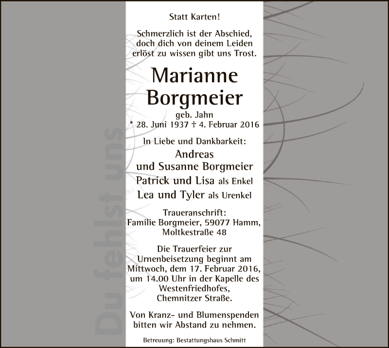  Traueranzeige für Marianne Borgmeier vom 13.02.2016 aus MZV