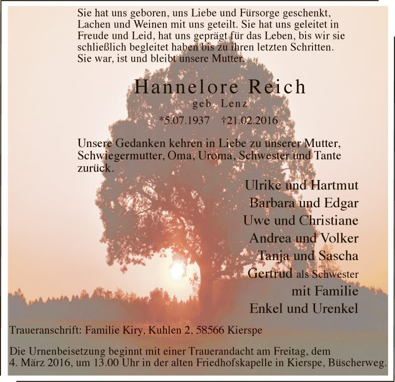  Traueranzeige für Hannelore Reich vom 29.02.2016 aus MZV