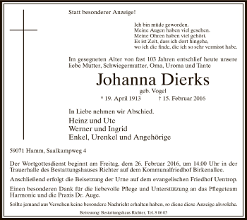 Traueranzeige von Johanna Dierks von MZV