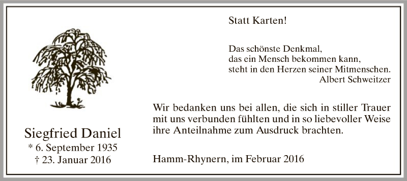  Traueranzeige für Siegfried Daniel vom 20.02.2016 aus MZV