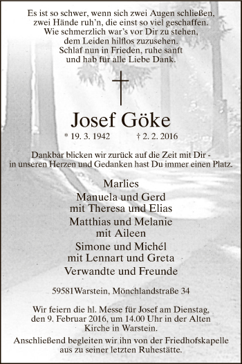 Traueranzeige von Josef Göke von MZV