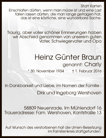 Traueranzeige von Heinz Günter Braun von MZV