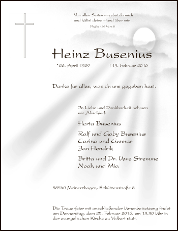 Traueranzeige von Heinz Busenius von MZV