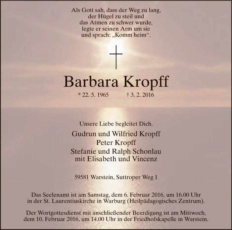  Traueranzeige für Barbara Kropff vom 04.02.2016 aus MZV